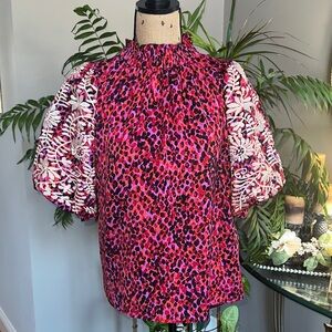 THML Vibrant Pink and White embroidered Patterned Blouse NWOT